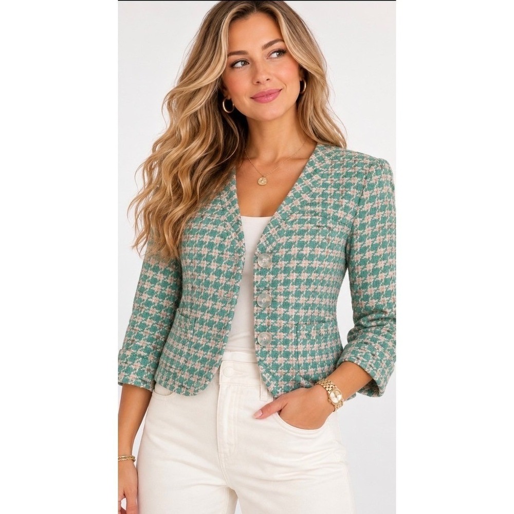 Walter Blazer Jacket silk 4 Green & White Tweed Check Cropped Lined old money